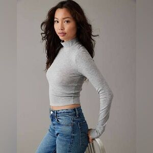 American Eagle Outfitters Hey Baby Ribbed Mock Neck Cropped Long Sleeve